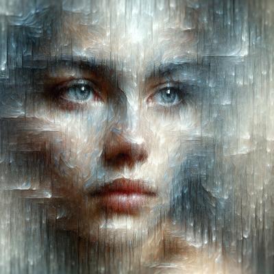 The primary subject of the image is a woman's face, which is the main focus of the image. The setting is a close-up of the woman's face, and the visual style is a digital art or illustration. The colors and mood of the image are predominantly blue, creating a calm and serene atmosphere.